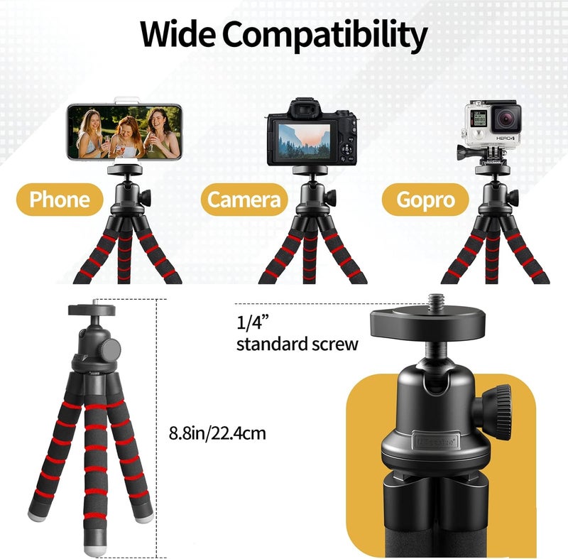 Sensyne Phone Tripod, Flexible Cell Phone Tripod with Phone Holder and Wireless Remote, Mini Travel Tripod Stand, Compatible with All Cell Phones, Cameras (Red) - Image 4